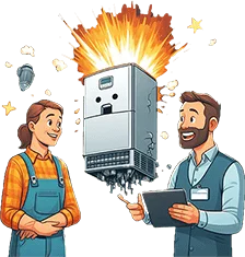 Kundin mit defekter Heizung wird von einem Energieberater im Rahmen einer Energieberatung erklärt, welche alternativen Heizungssystem eingebaut werden können.