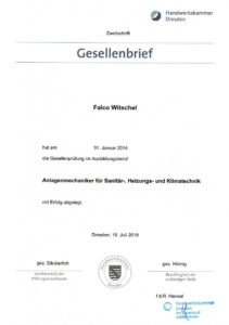 Gesellenbrief der Handwerkskammer Dresden: Anlagenmechaniker für Sanitär-, Heizungs- und Klimatechnik, 2014