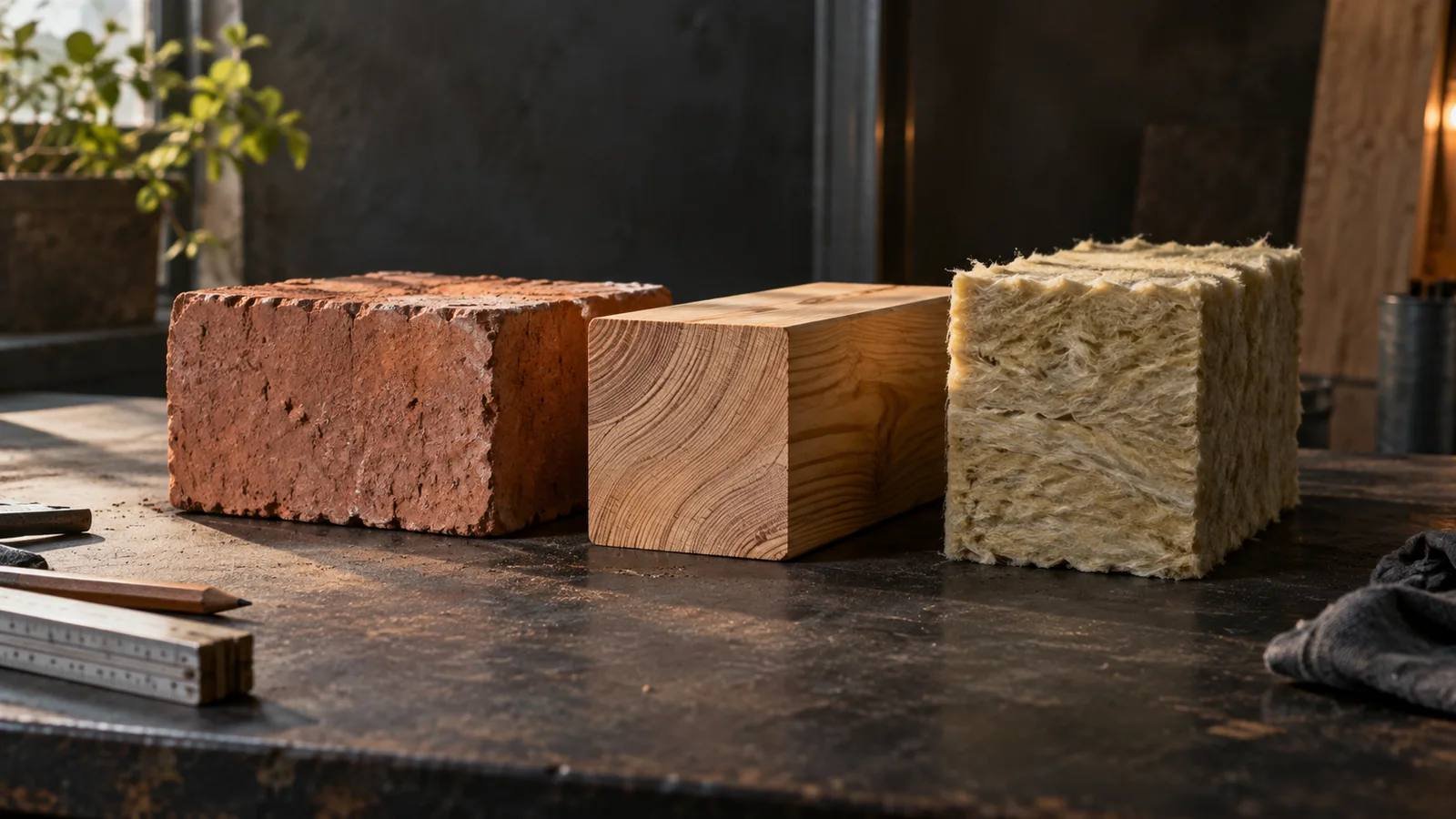 18 · Ziegel, Holz und Dämmstoff als Baustoffproben auf einer Werkbank · desktop