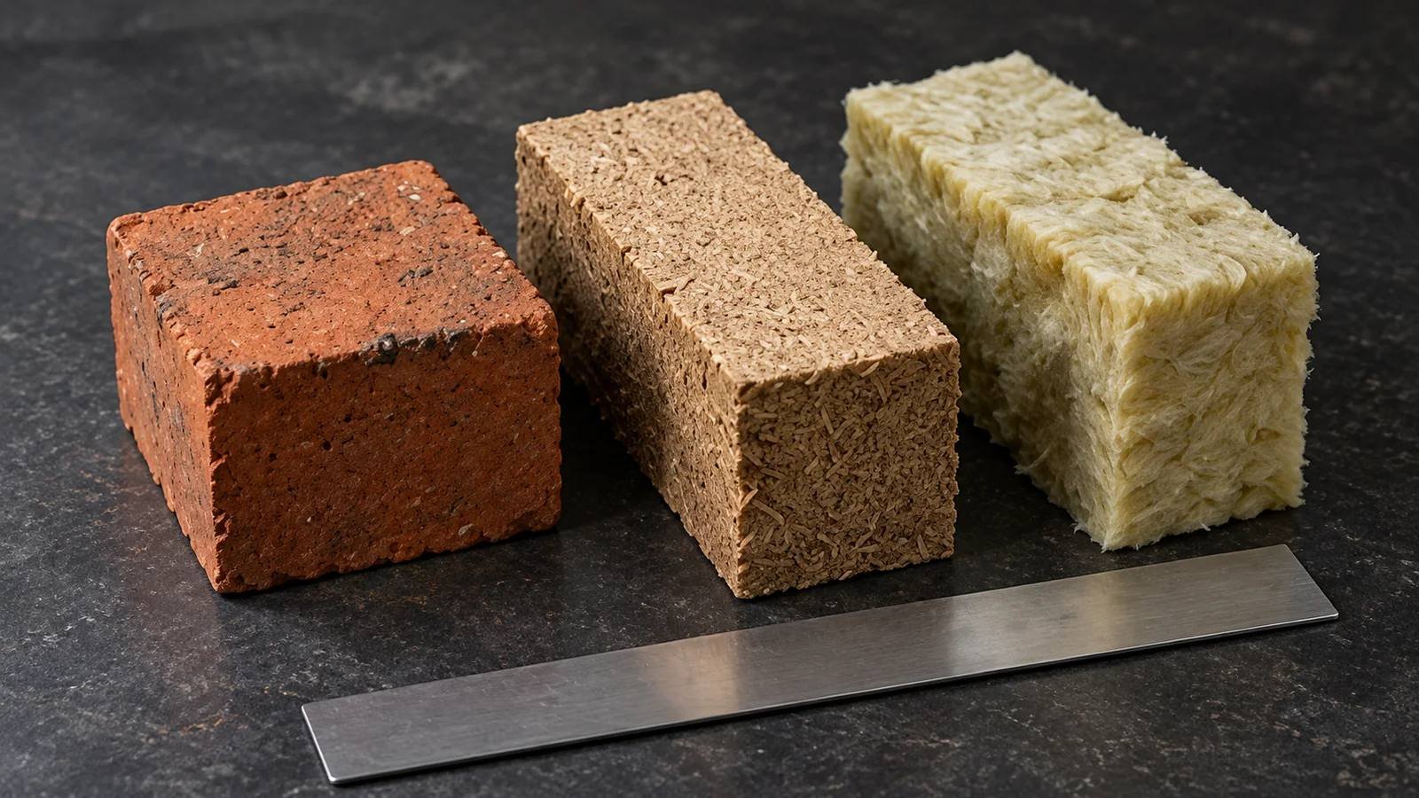 22 · Baustoffproben aus Ziegel, Holzfaser und Mineralwolle neben einem Maßstab · desktop