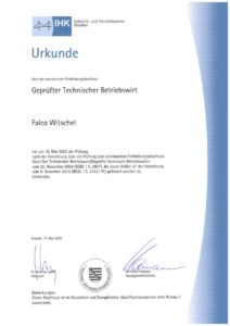 Urkunde der IHK Dresden: Geprüfter Technischer Betriebswirt, 2022
