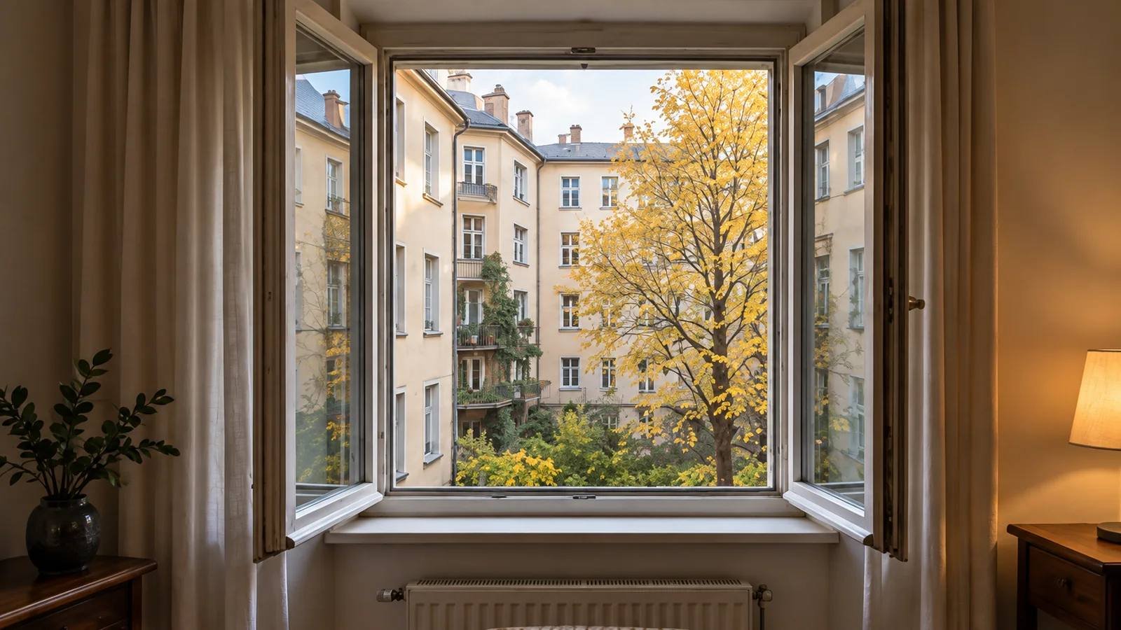 23 · Weit geöffnetes Fenster mit Blick in einen begrünten Innenhof · desktop