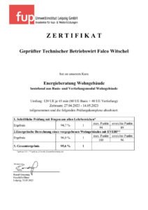 Zertifikat des fup Umweltinstituts Leipzig: Kurs Energieberatung Wohngebäude, 2023