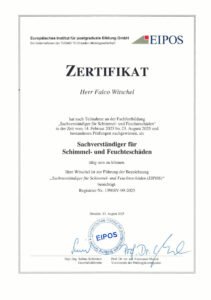 Zertifikat von EIPOS: Sachverständiger für Schimmel- und Feuchteschäden, 2025