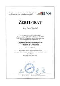 Zertifikat von EIPOS: Geprüfter Sachverständiger für Schäden an Gebäuden, Stufe II, 2026