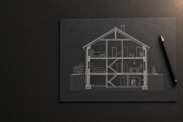 Schematischer Gebäudeschnitt auf dunklem Papier mit einem Bleistift