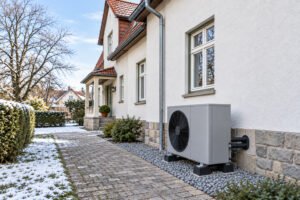 Außengerät einer Wärmepumpe an der Fassade eines Wohnhauses neben einem leicht verschneiten Gartenweg