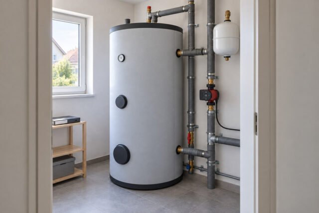 Gedämmter Heizwasserspeicher mit angeschlossenen Rohrleitungen und Pumpen in einem Technikraum