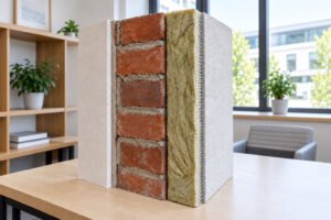 Schnittmodell einer Außenwand mit Ziegelmauerwerk, Dämmschicht und Putz in einem hellen Raum