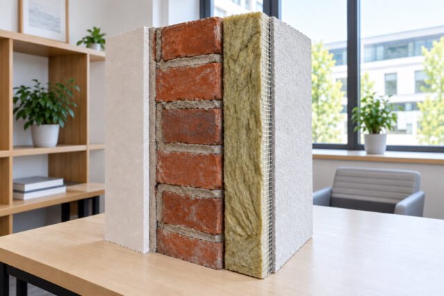 Schnittmodell einer Außenwand mit Ziegelmauerwerk, Dämmschicht und Putz in einem hellen Raum